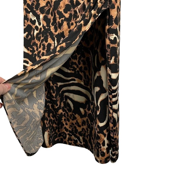 aDRESSing WOMAN Size L Stretch Knit Dress 3/4 Sleeve Ruched Knee Length Leopard - Picture 6 of 6